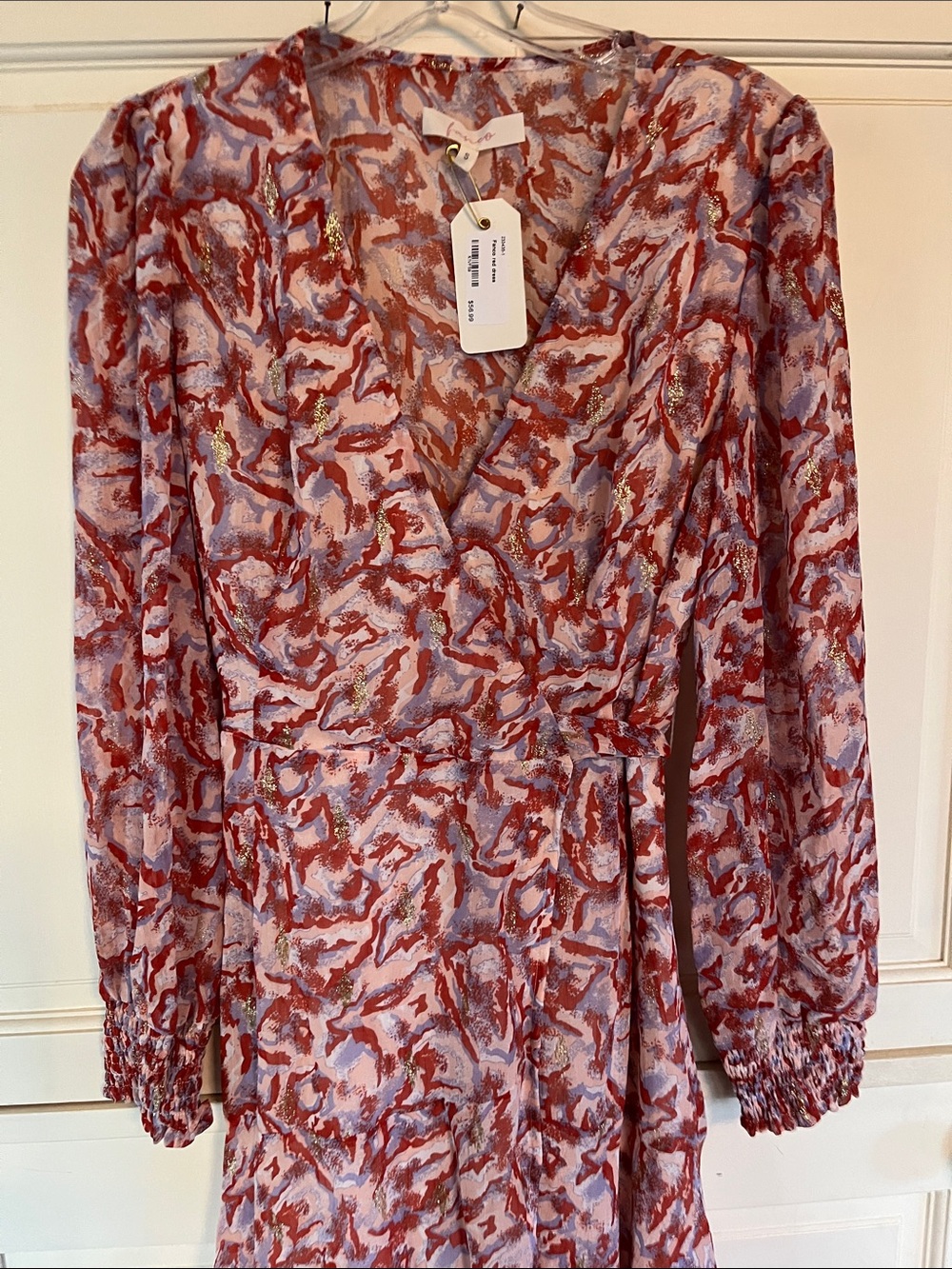 V-Neck Long Sleeve Wrap Printed Midi Dress in Red and Pink #9
